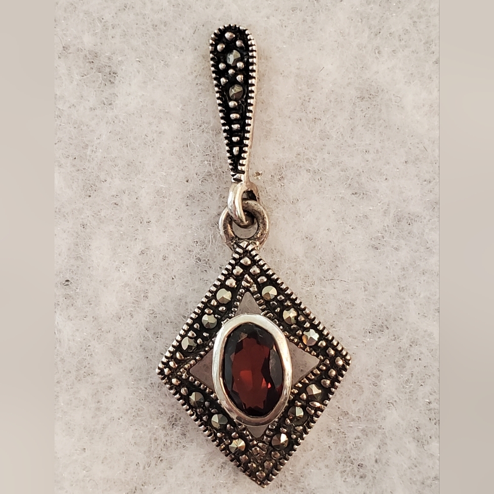 Garnet Marcasite Drop Earrings (January birthstone) Vintage Sterling Silver